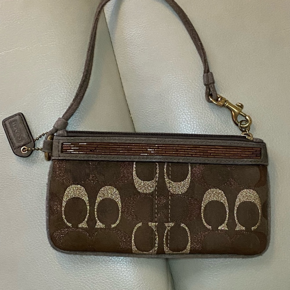 Metallic Signature Beaded Brown Lurex Suede Wristlet​​​​​​​​​​​​​​​​​​​​​​​​ - Picture 7 of 11